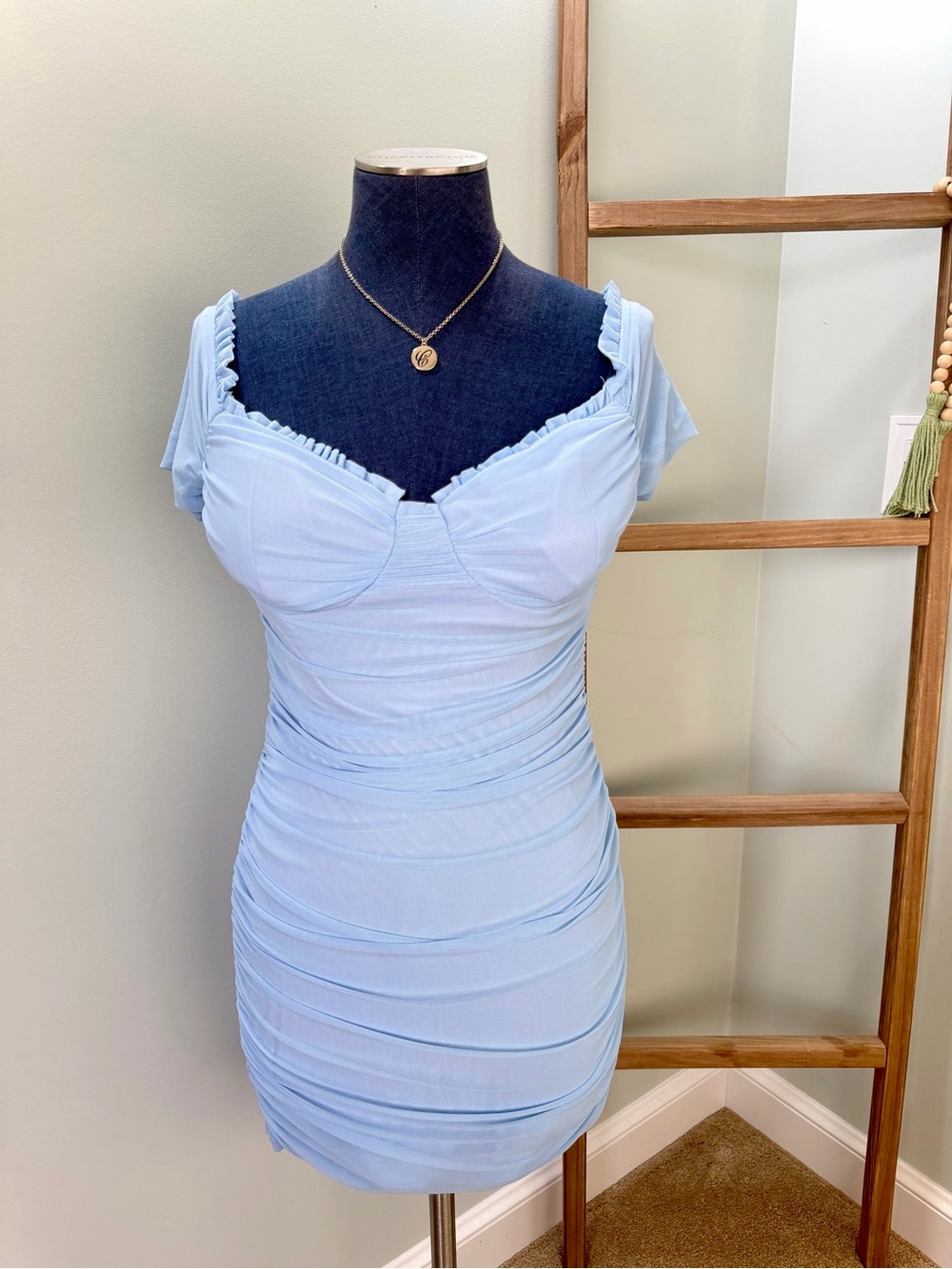 Windsor Baby Blue Off the Shoulder Ruching Mini Dress Size Large
